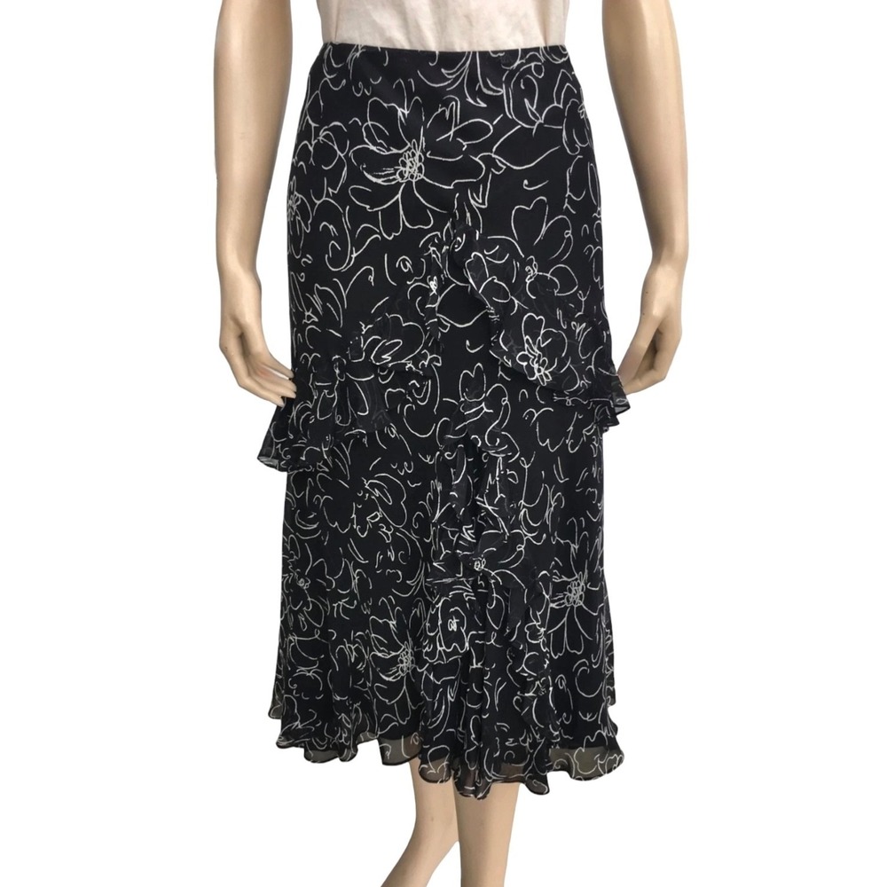 Y2K LRL Ralph Lauren Silk Midi Skirt Sz Medium Pâ Cascade Ruffle Floral Romantic